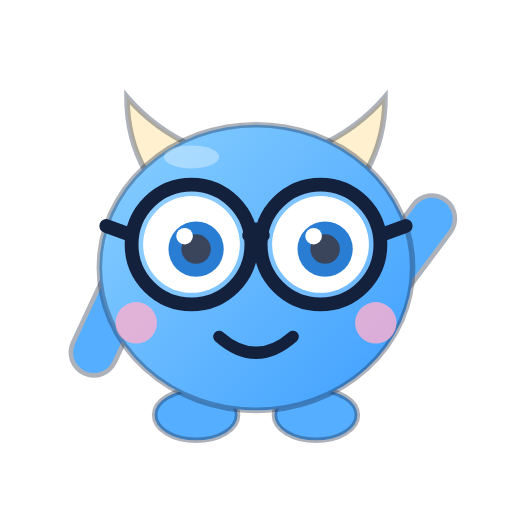 La mascota de El Ticher, un monstruito azul con cuernitos y lentes redondos, saludando